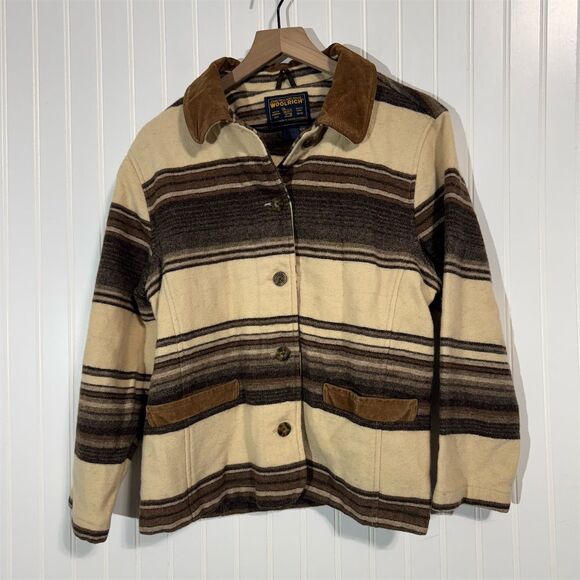 Woolrich Jackets & Blazers - Woolrich Womens Wool Jacket Medium Striped Brown Cream Corduroy Collar USA Made
